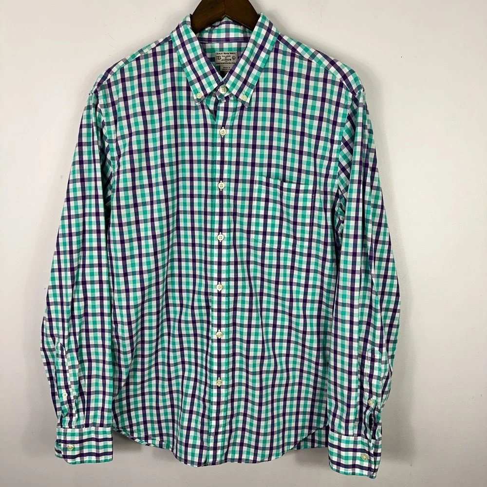 J Crew Shirt Mens L Green‎ Purple Check Button Down Tailored Preppy Smart Casual